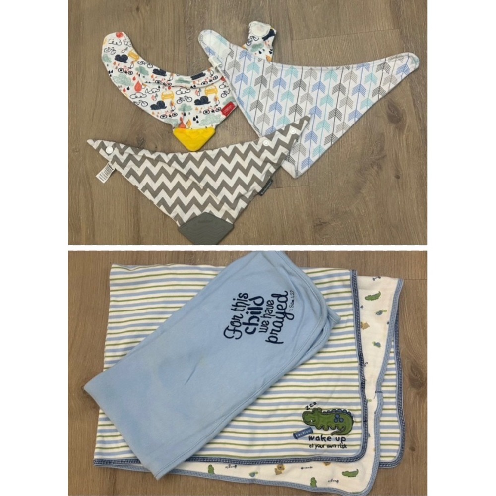 Baby Boy Bundle of 2 Blankets / Burp Cloths & 3 Teething Bibs